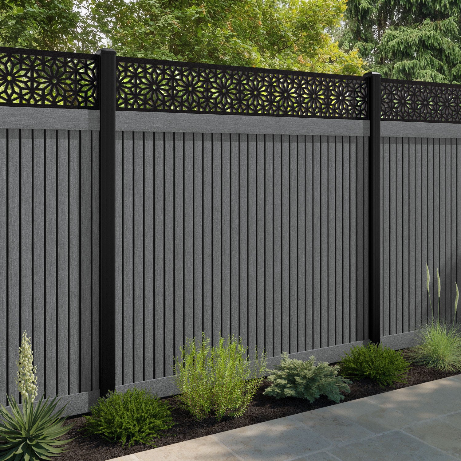Virtis Narwa Fence Panel - Mid Grey - with our composite posts