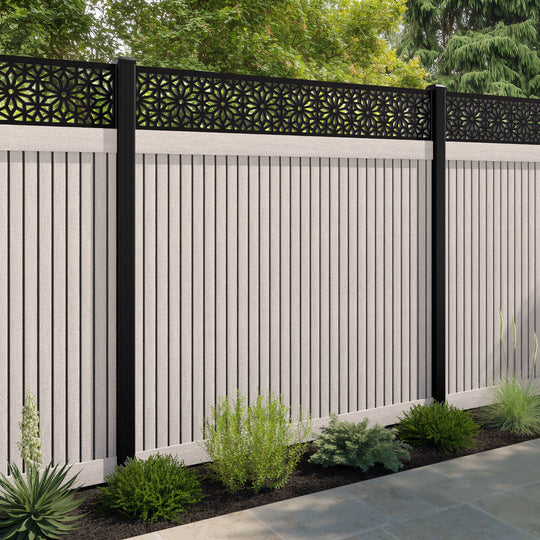 Virtis Narwa Fence Panel - Mid Stone - with our aluminium posts