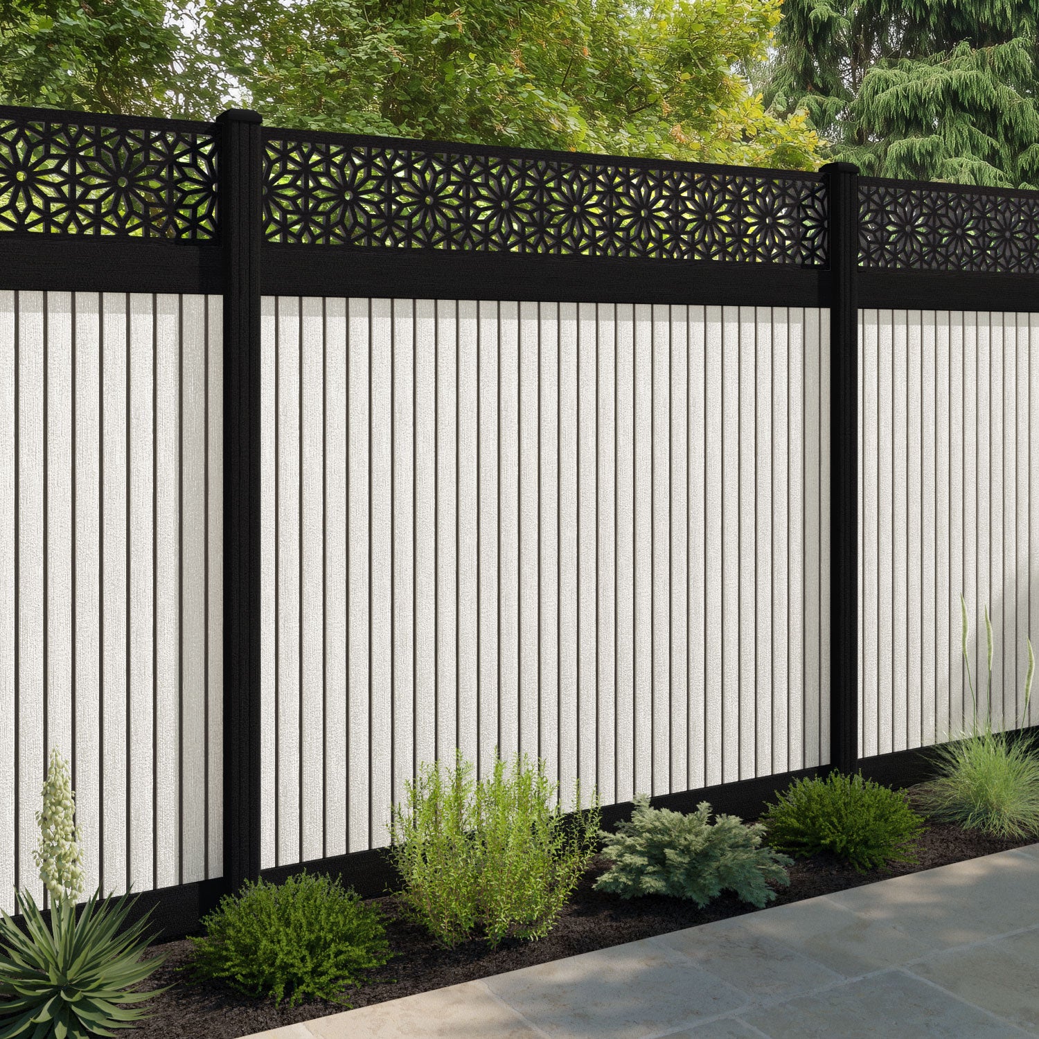 Virtis Narwa Fence Panel - Light Stone - with our aluminium posts