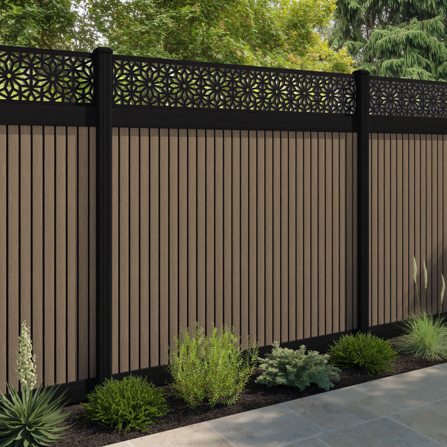 Virtis Narwa Fence Panel - Teak - with our composite posts
