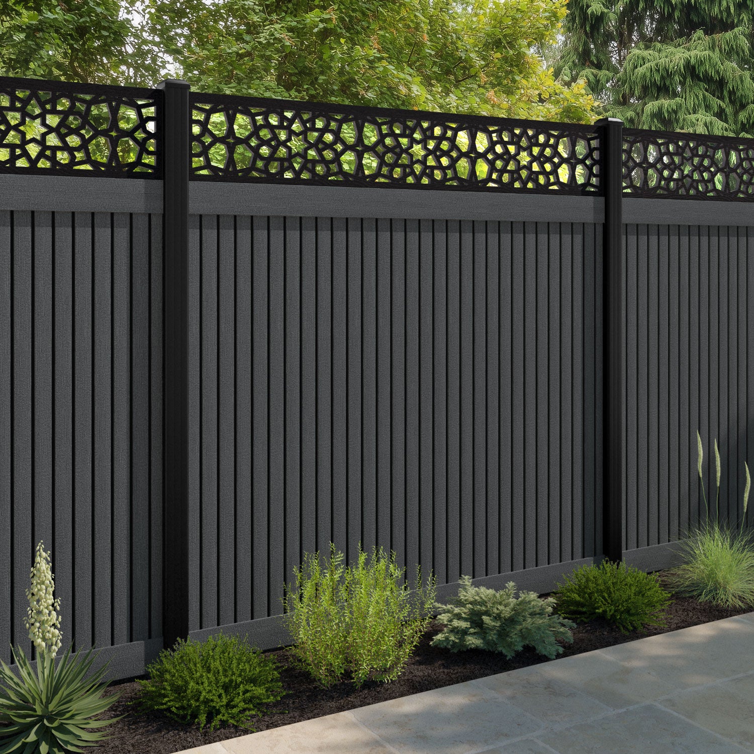 Virtis Nazira Fence Panel - Dark Grey - with our aluminium posts