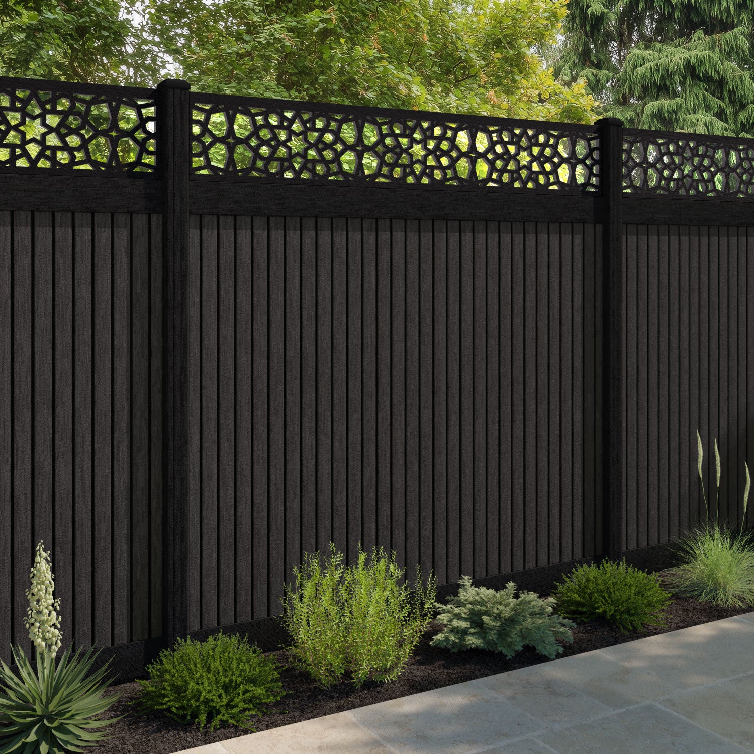 Virtis Nazira Fence Panel - Dark Oak - with our aluminium posts