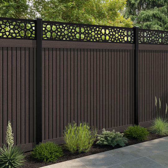Virtis Nazira Fence Panel - Mid Brown - with our aluminium posts