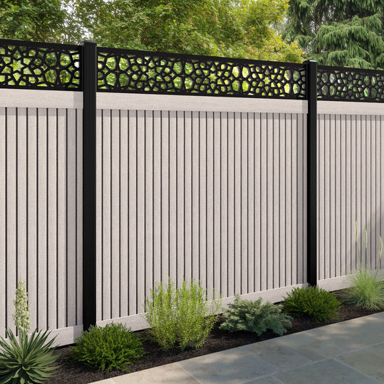 Virtis Nazira Fence Panel - Mid Stone - with our aluminium posts