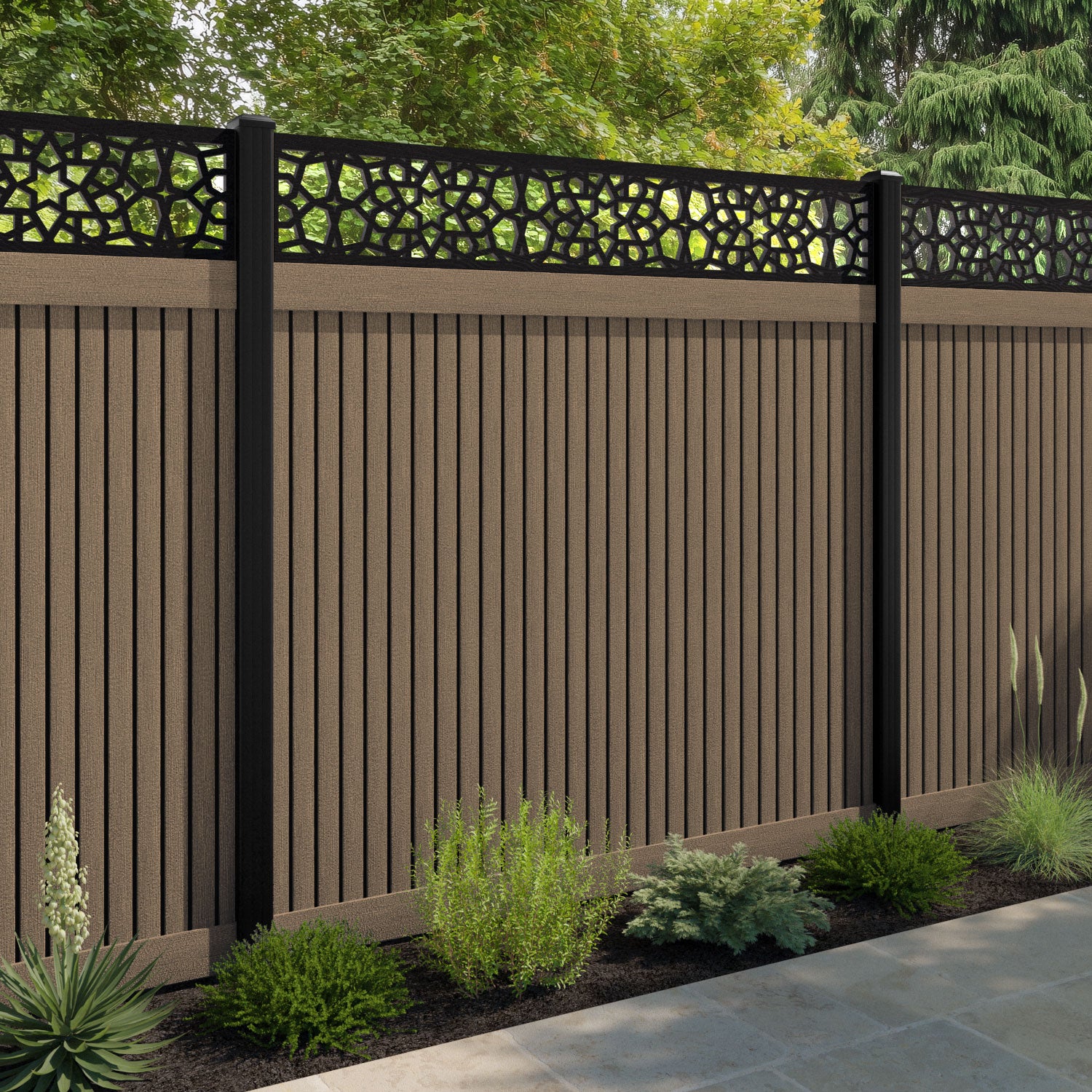 Virtis Nazira Fence Panel - Teak - with our composite posts