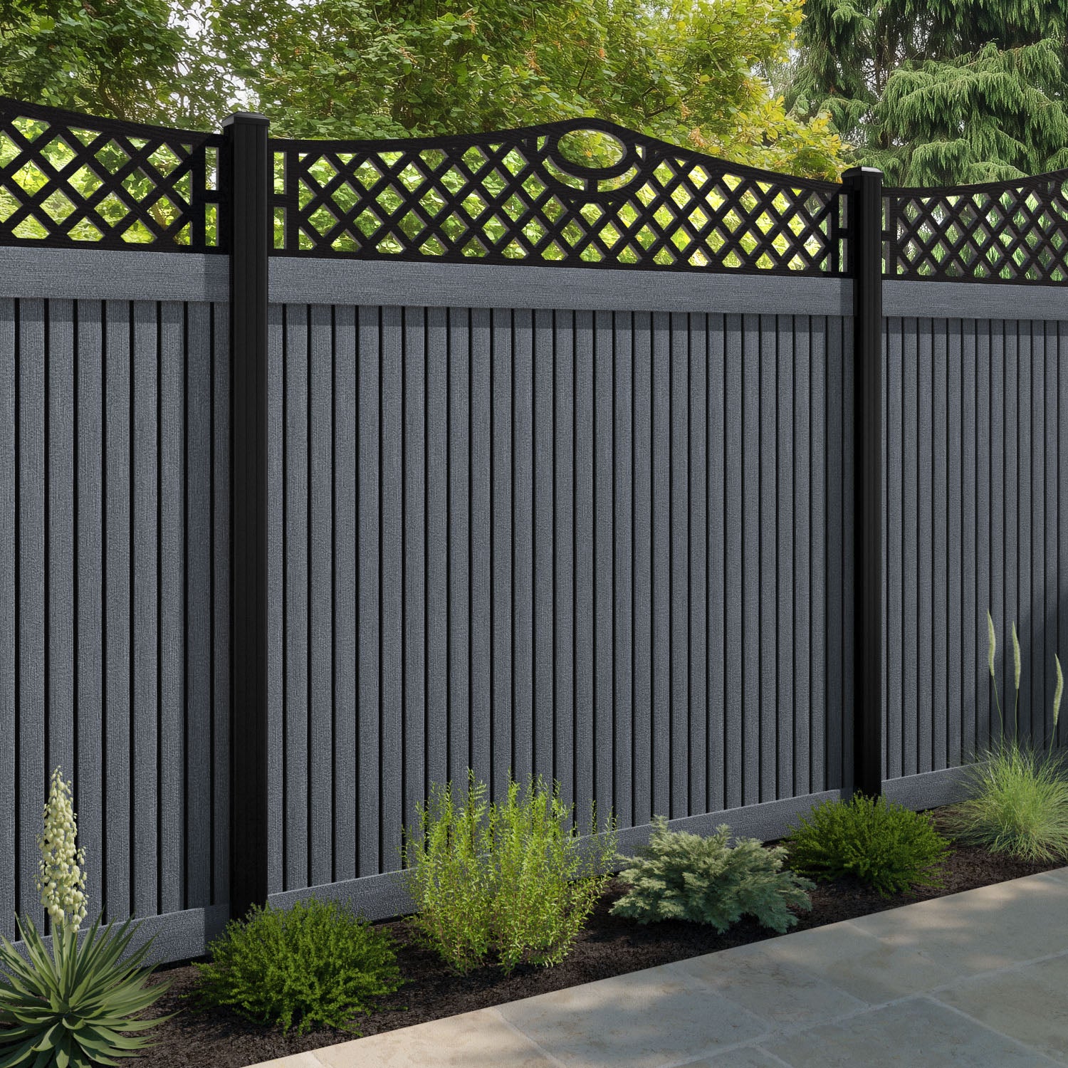 Virtis Oxford Curved Top Fence Panel - Anthracite - with our composite posts