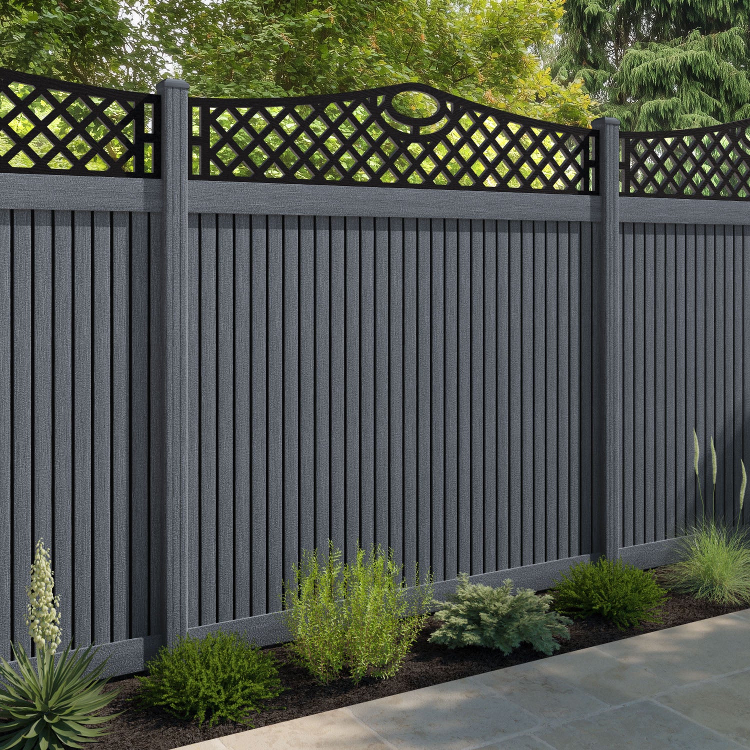 Virtis Oxford Curved Top Fence Panel - Anthracite - with our composite posts