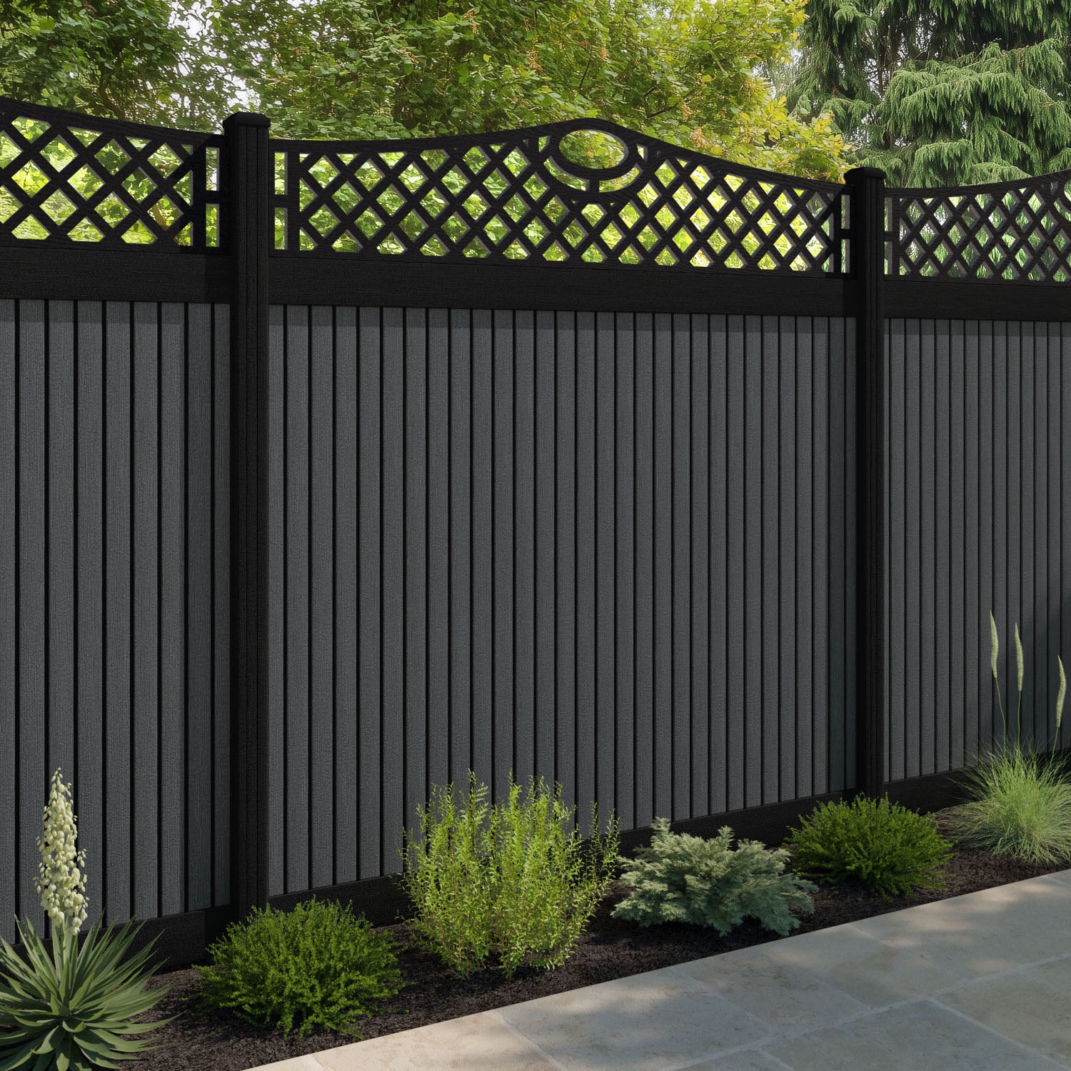 Virtis Oxford Curved Top Fence Panel - Dark Grey - with our composite posts