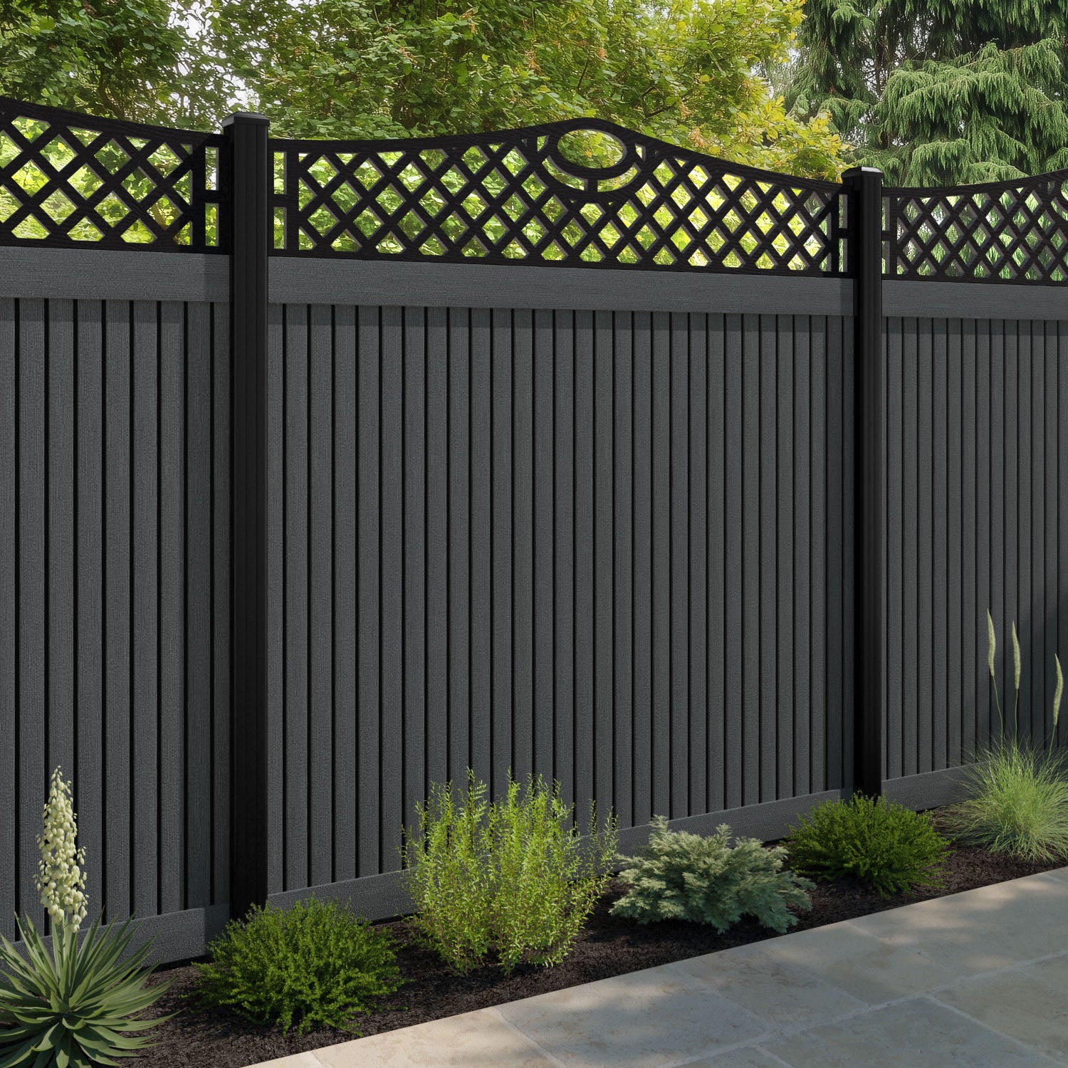 Virtis Oxford Curved Top Fence Panel - Dark Grey - with our aluminium posts