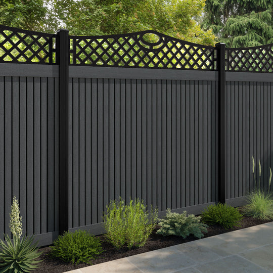 Virtis Oxford Curved Top Fence Panel - Dark Grey - with our aluminium posts