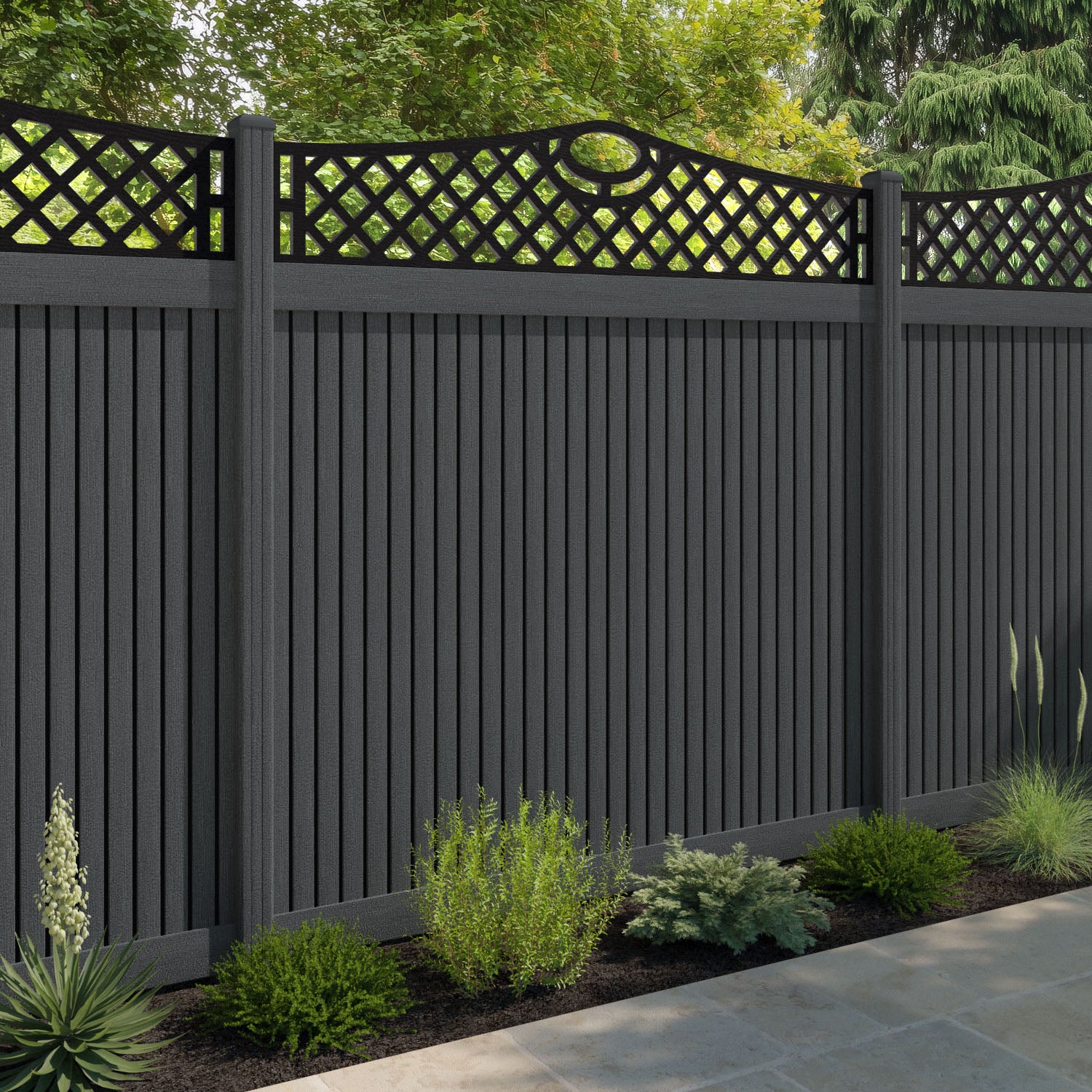 Virtis Oxford Curved Top Fence Panel - Dark Grey - with our composite posts