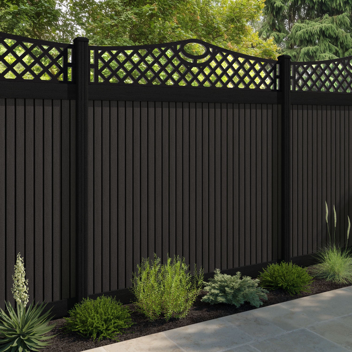 Virtis Oxford Curved Top Fence Panel - Dark Oak - with our composite posts