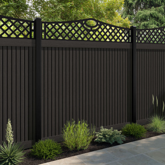 Virtis Oxford Curved Top Fence Panel - Dark Oak - with our aluminium posts