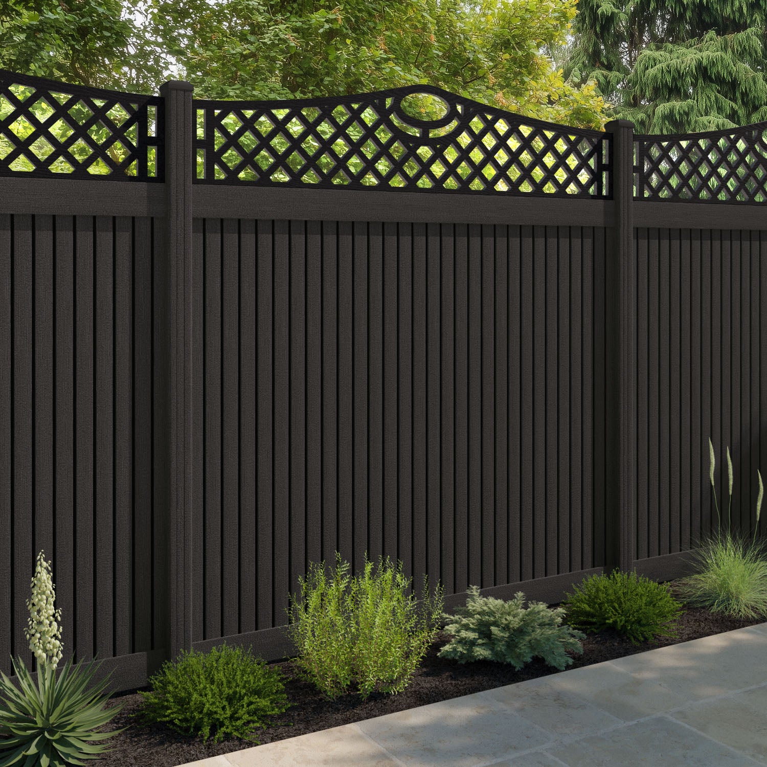 Virtis Oxford Curved Top Fence Panel - Dark Oak - with our composite posts