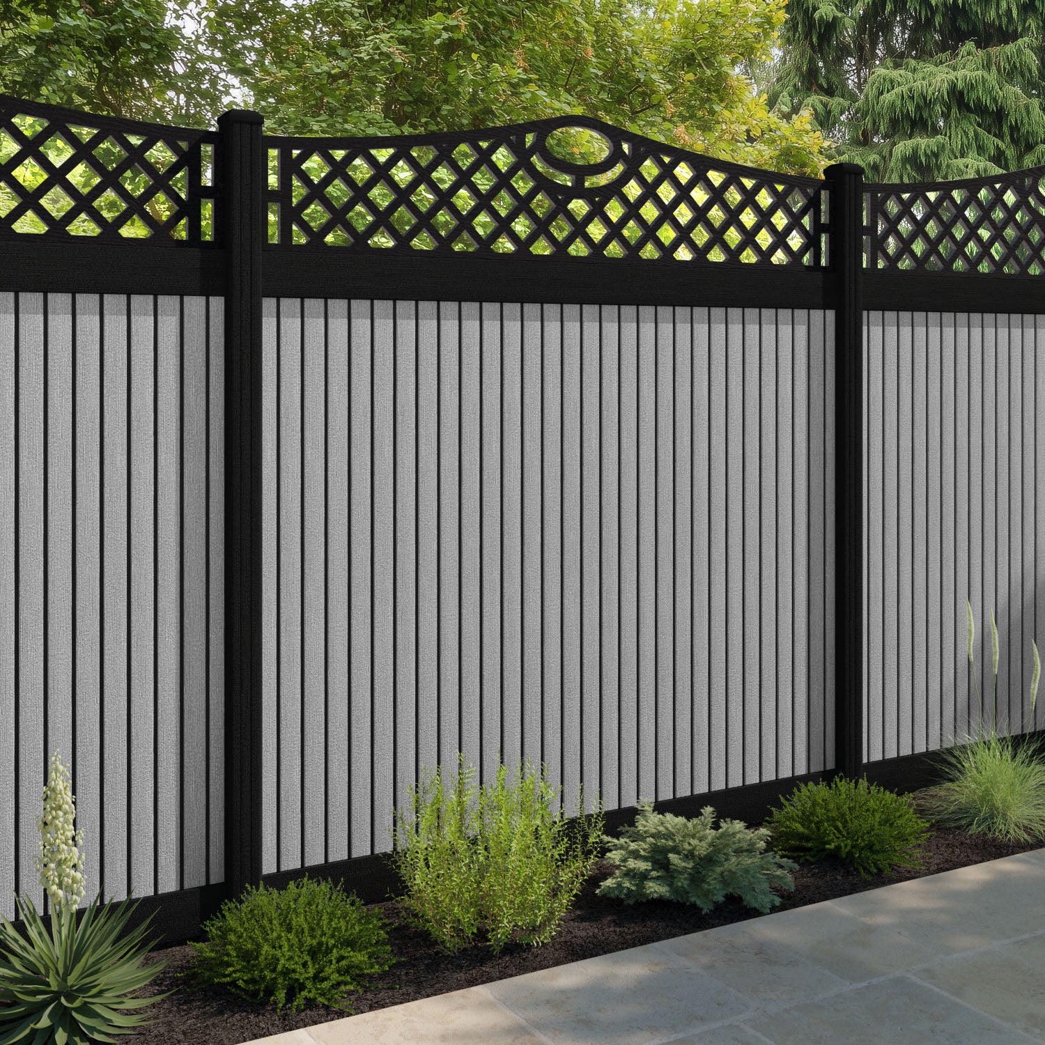 Virtis Oxford Curved Top Fence Panel - Light Grey - with our aluminium posts