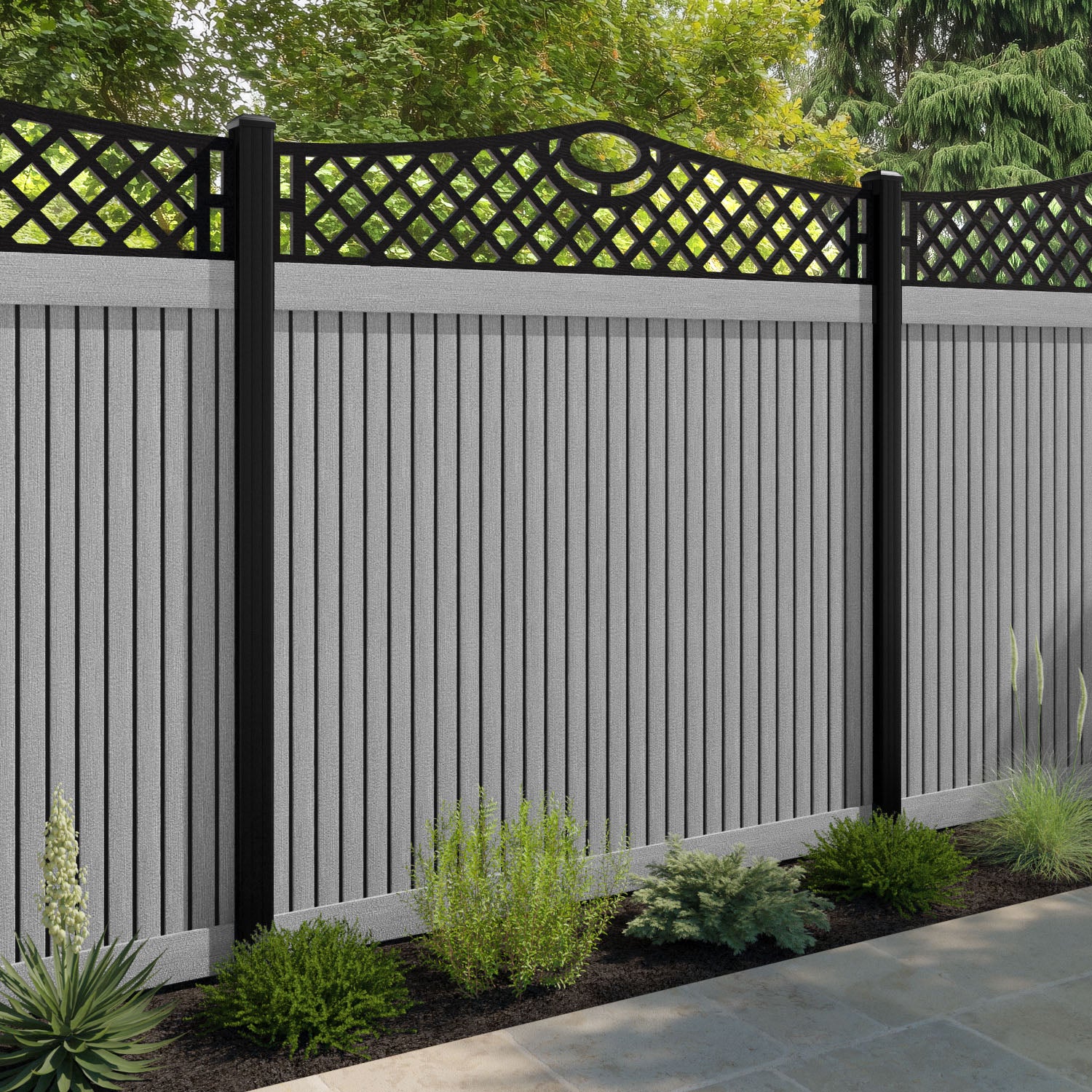 Virtis Oxford Curved Top Fence Panel - Light Grey - with our aluminium posts