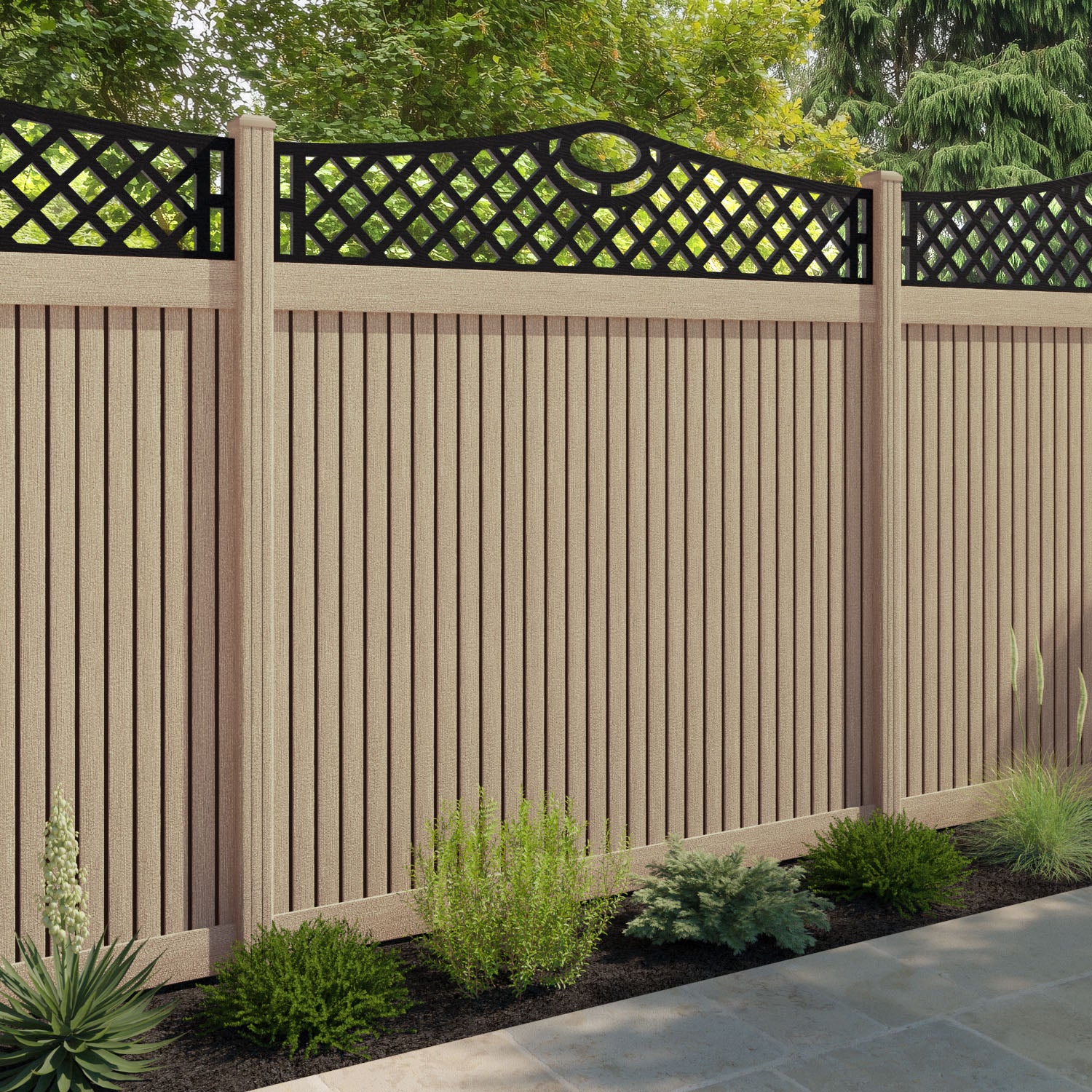 Virtis Oxford Curved Top Fence Panel - Light Oak - with our composite posts