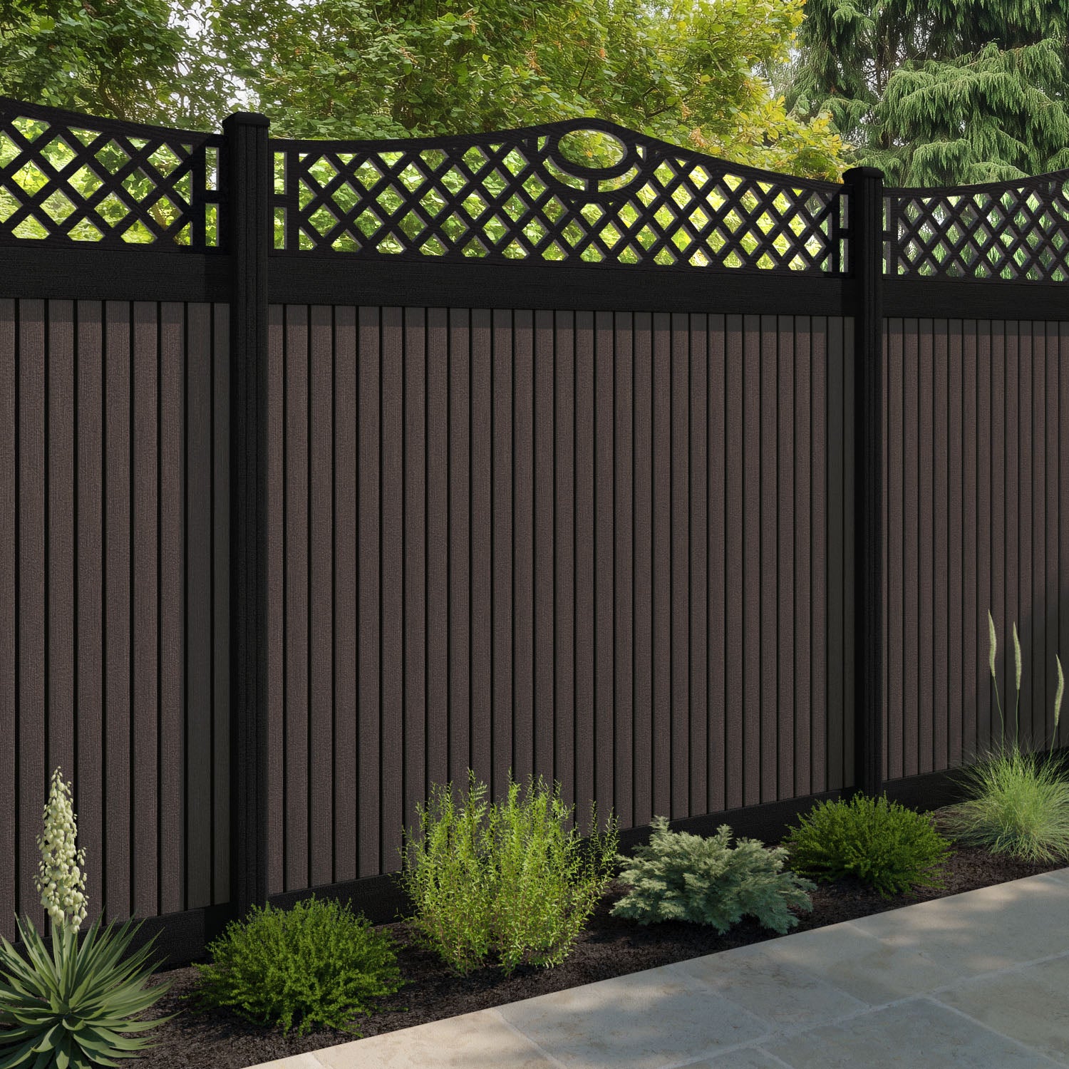 Virtis Oxford Curved Top Fence Panel - Mid Brown - with our aluminium posts