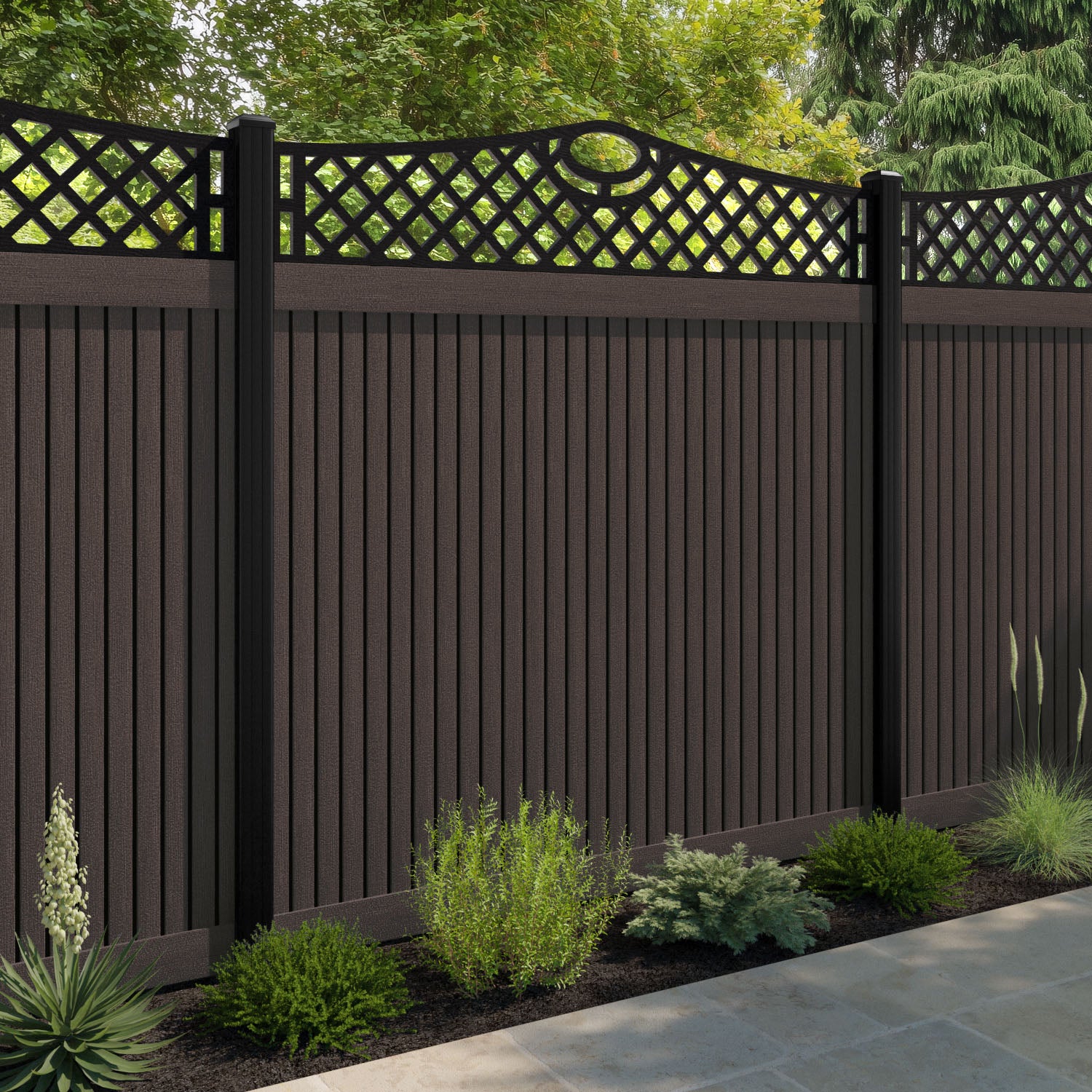 Virtis Oxford Curved Top Fence Panel - Mid Brown - with our composite posts