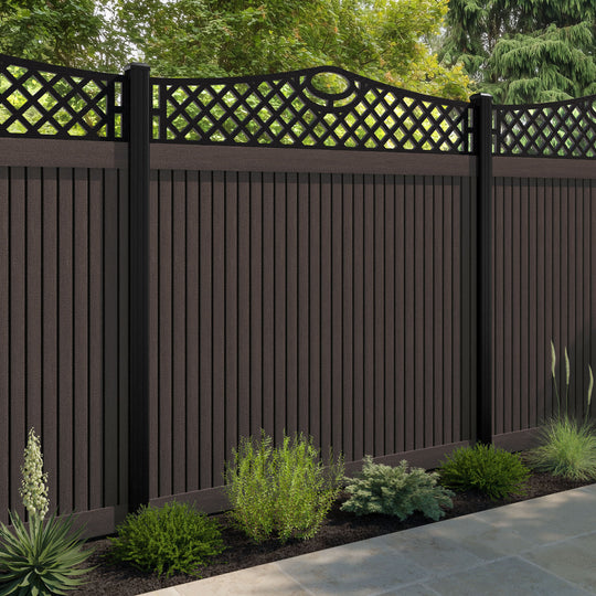 Virtis Oxford Curved Top Fence Panel - Mid Brown - with our aluminium posts