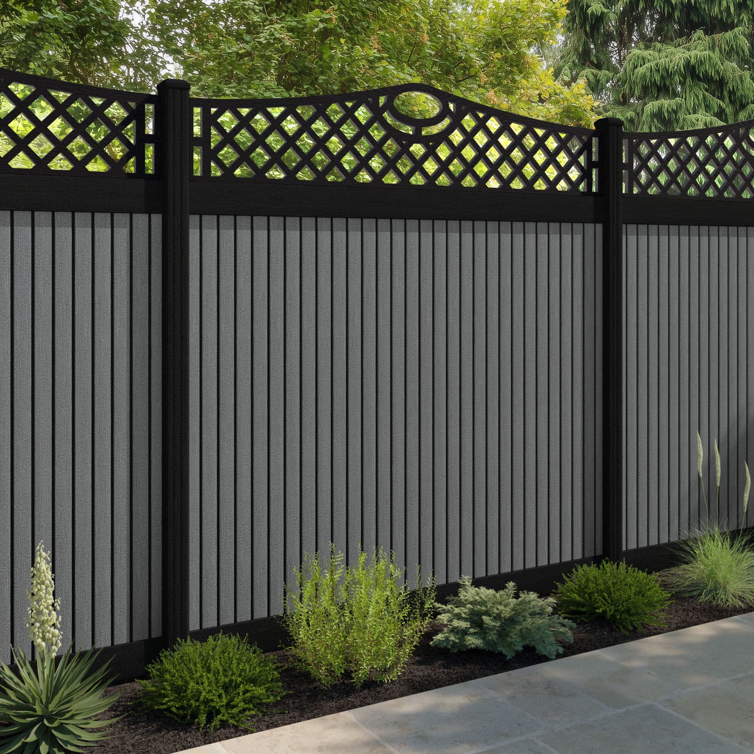 Virtis Oxford Curved Top Fence Panel - Mid Grey - with our aluminium posts