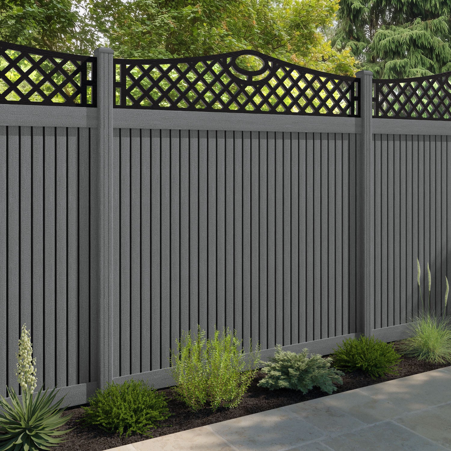 Virtis Oxford Curved Top Fence Panel - Mid Grey - with our composite posts