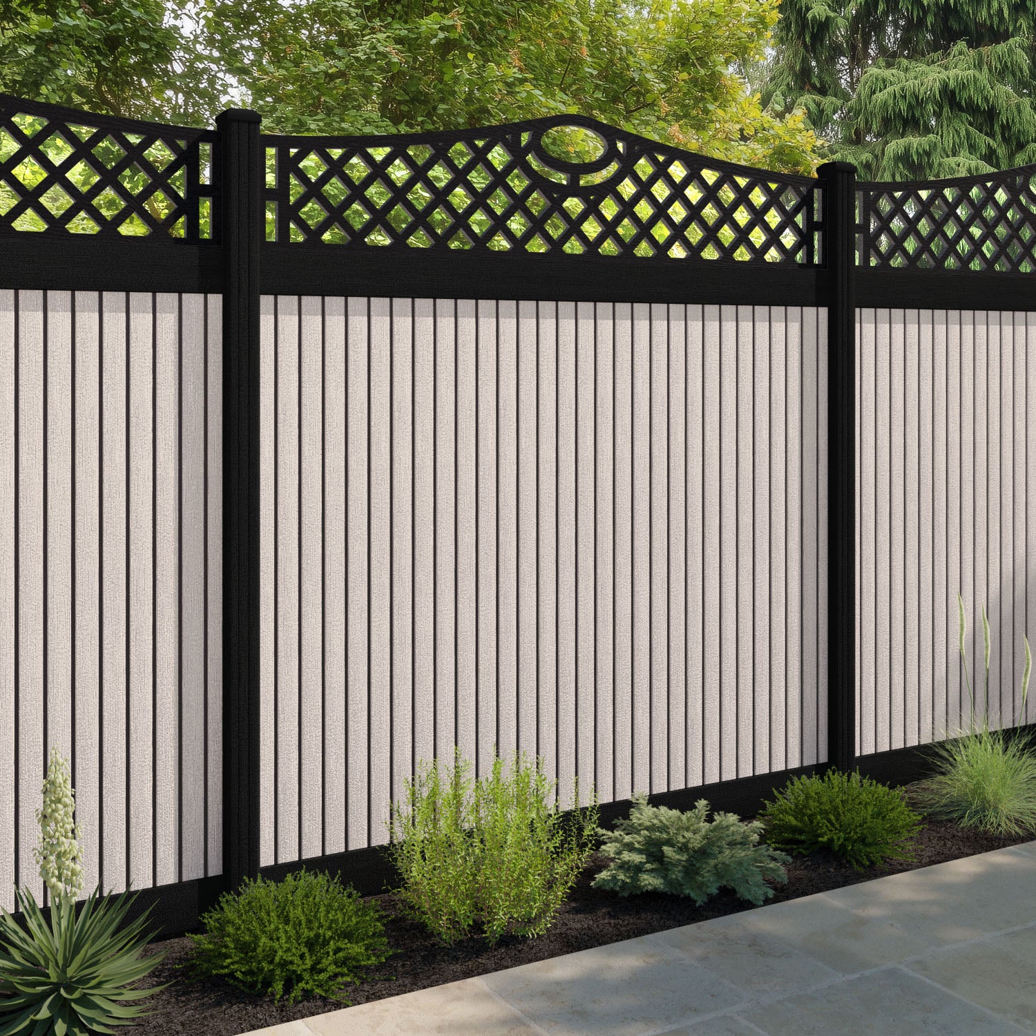 Virtis Oxford Curved Top Fence Panel - Mid Stone - with our composite posts