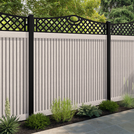 Virtis Oxford Curved Top Fence Panel - Mid Stone - with our aluminium posts