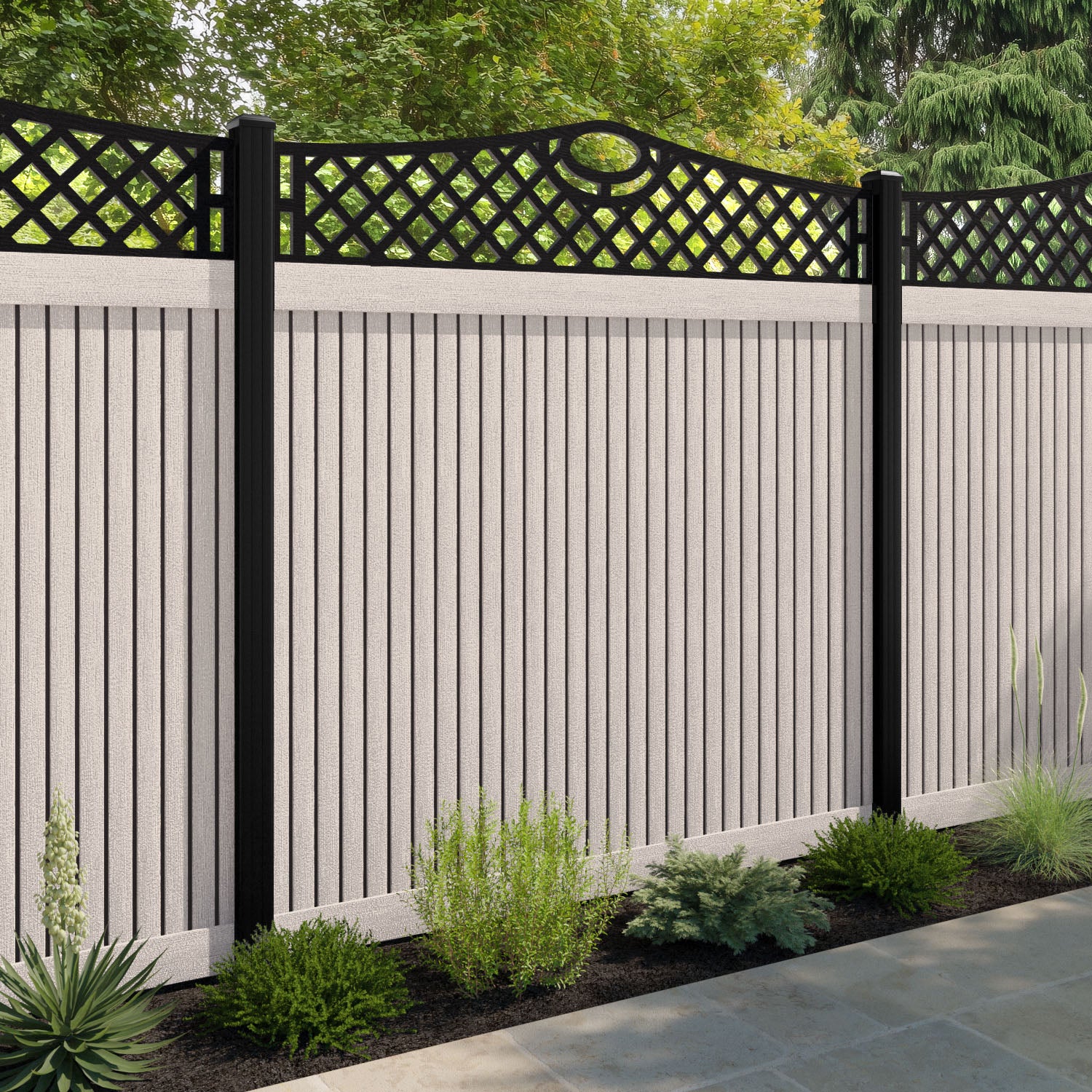 Virtis Oxford Curved Top Fence Panel - Mid Stone - with our composite posts