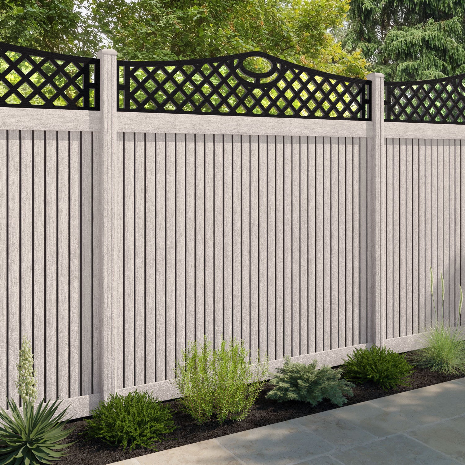 Virtis Oxford Curved Top Fence Panel - Mid Stone - with our composite posts