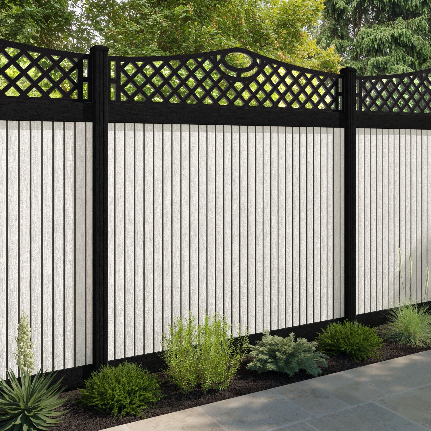 Virtis Oxford Curved Top Fence Panel - Light Stone - with our composite posts