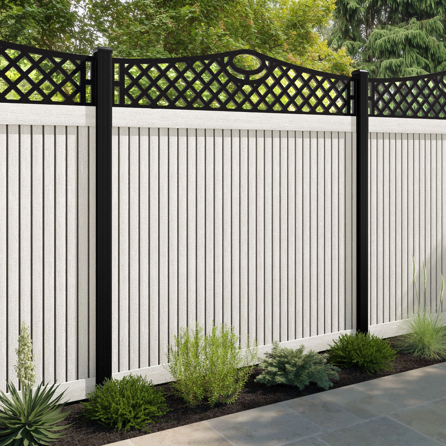 Virtis Oxford Curved Top Fence Panel - Light Stone - with our composite posts