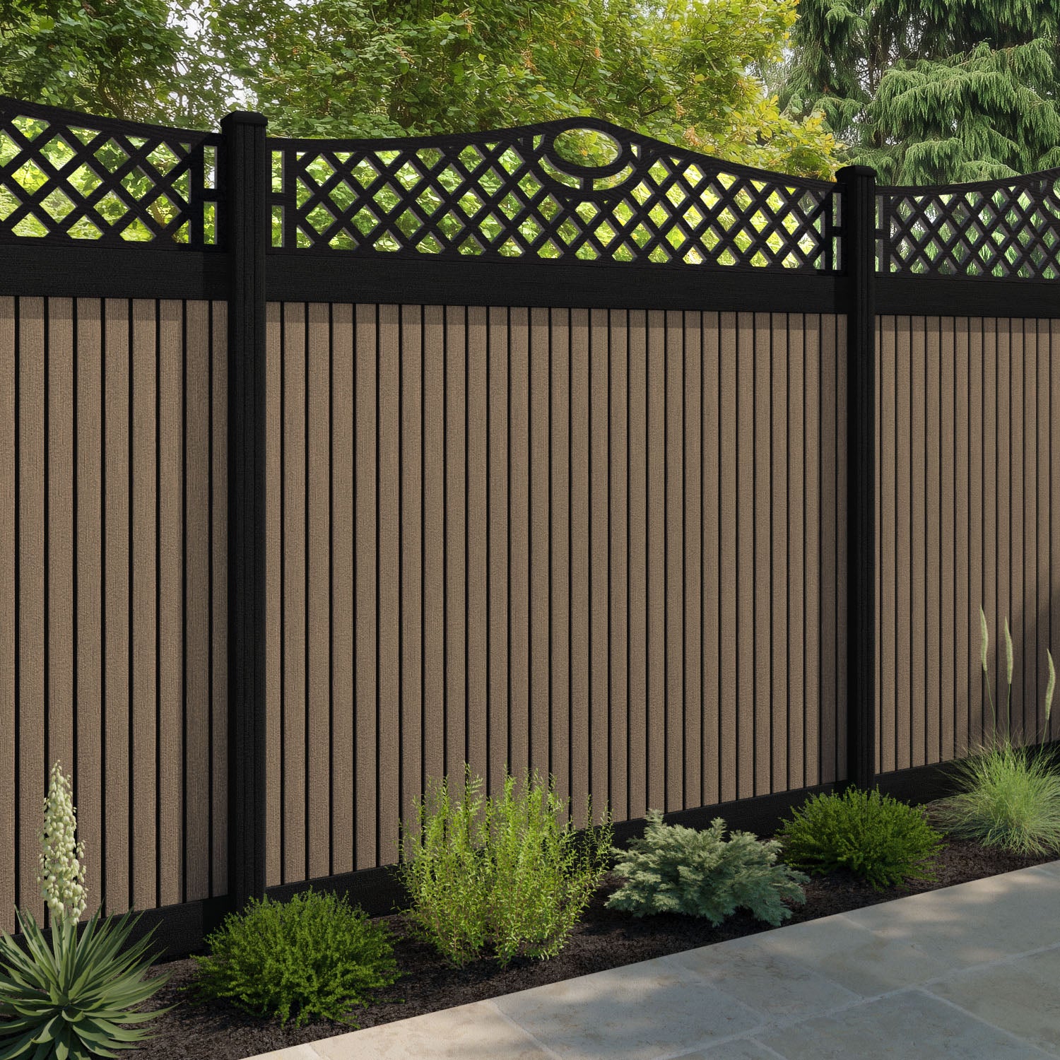 Virtis Oxford Curved Top Fence Panel - Teak - with our aluminium posts