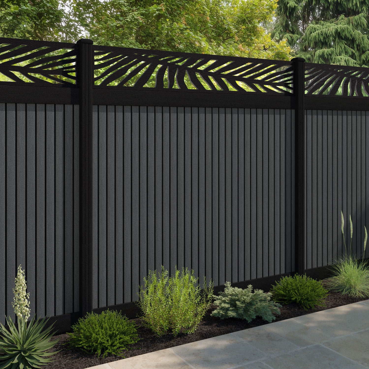 Virtis Palm Fence Panel - Dark Grey - with our aluminium posts