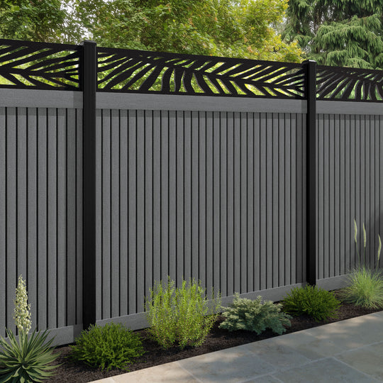 Virtis Palm Fence Panel - Mid Grey - with our aluminium posts