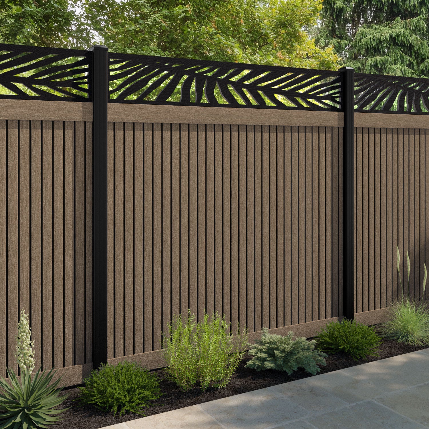 Virtis Palm Fence Panel - Teak - with our aluminium posts