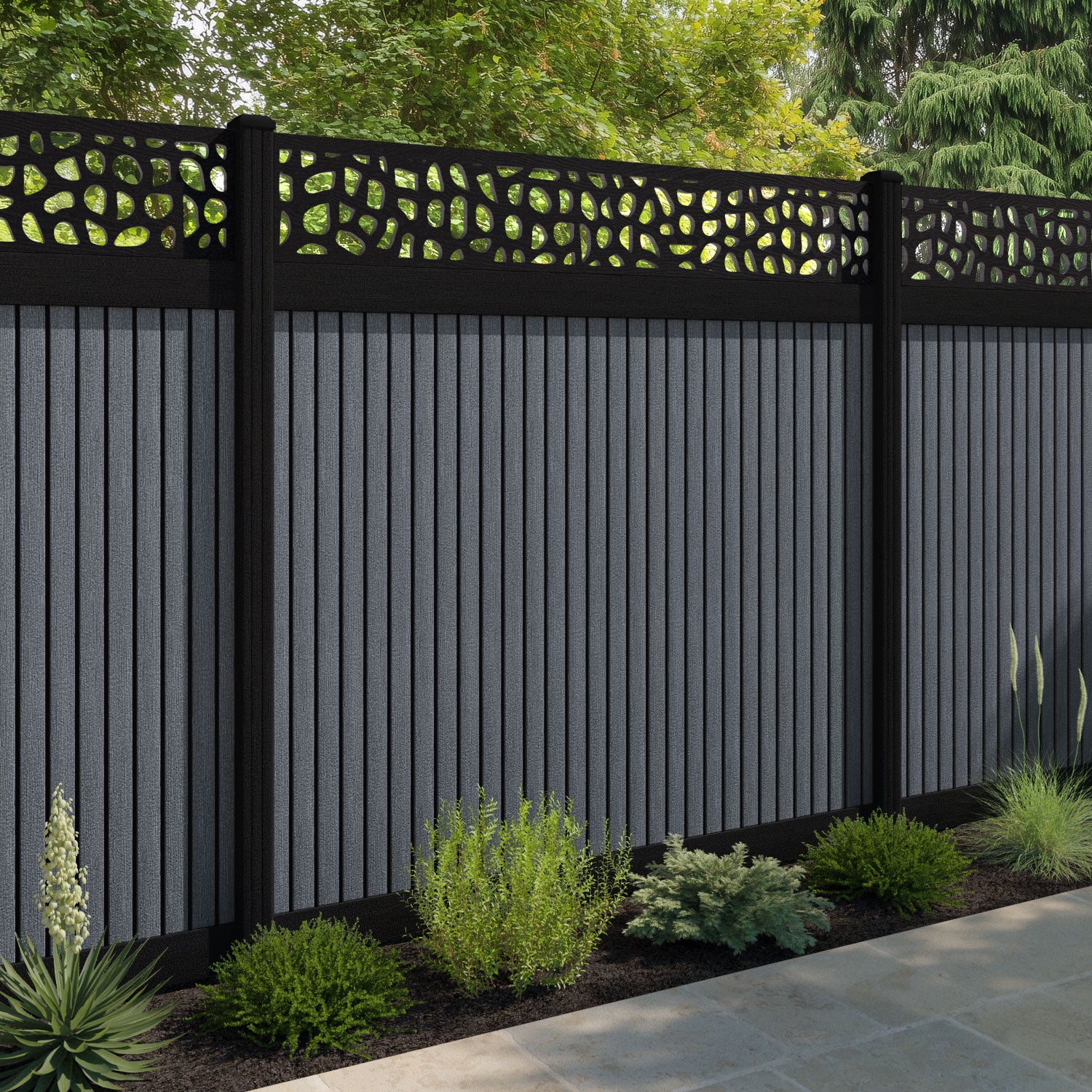 Virtis Pebble Fence Panel - Anthracite - with our aluminium posts