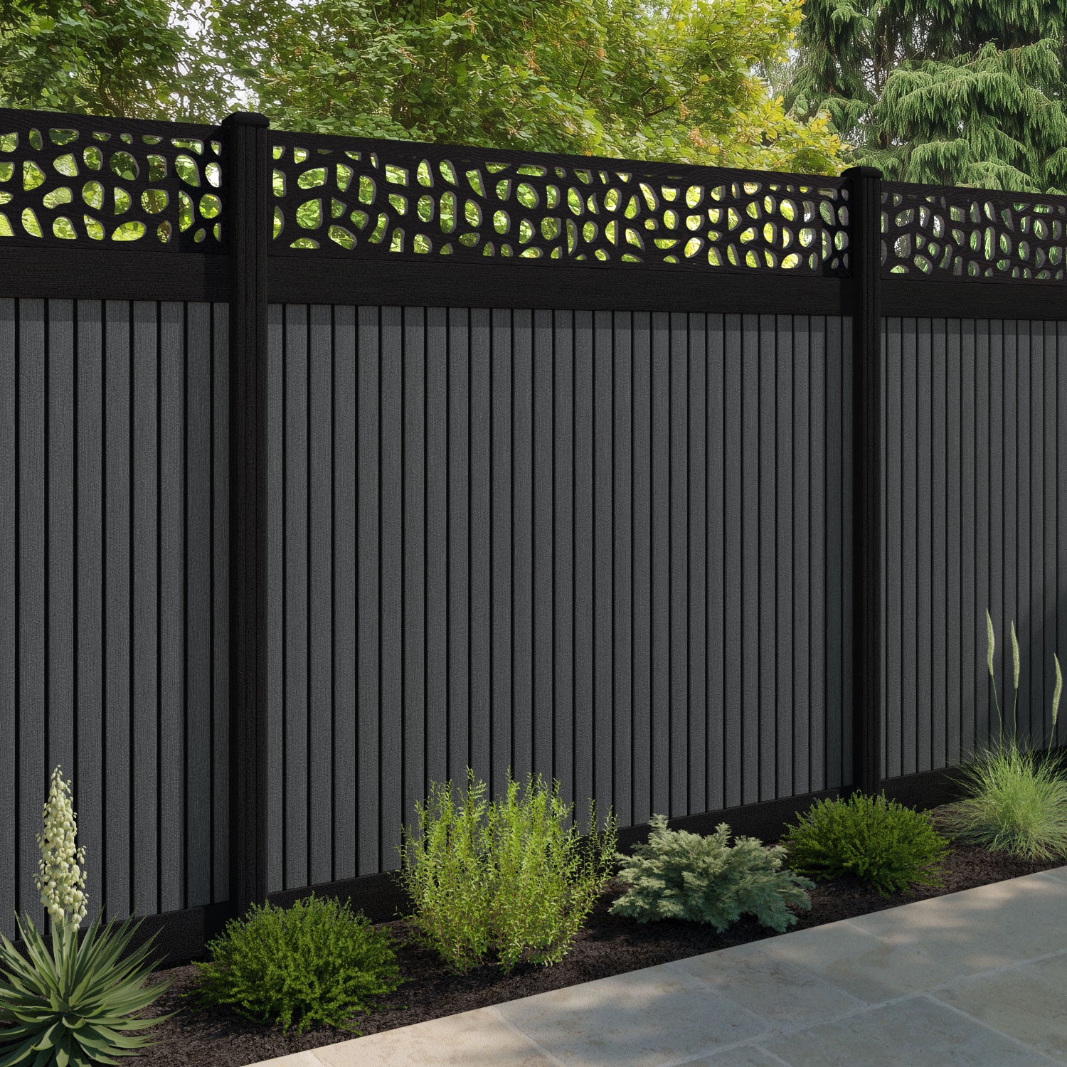 Virtis Pebble Fence Panel - Dark Grey - with our aluminium posts