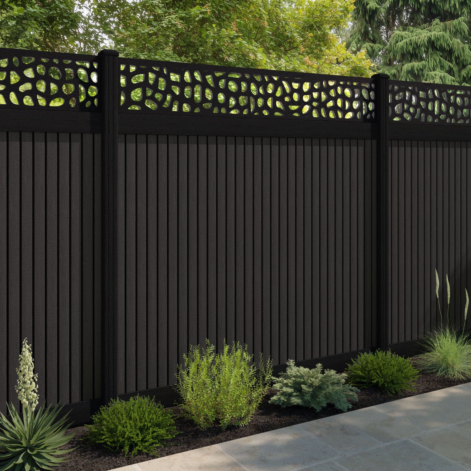 Virtis Pebble Fence Panel - Dark Oak - with our composite posts