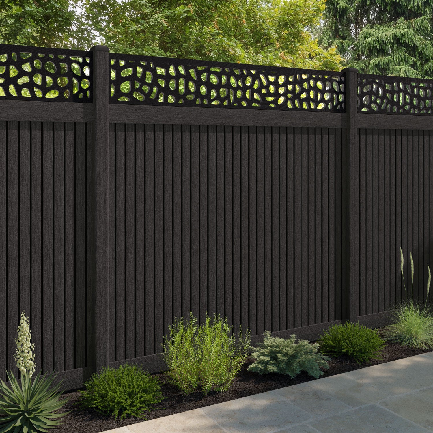 Virtis Pebble Fence Panel - Dark Oak - with our composite posts