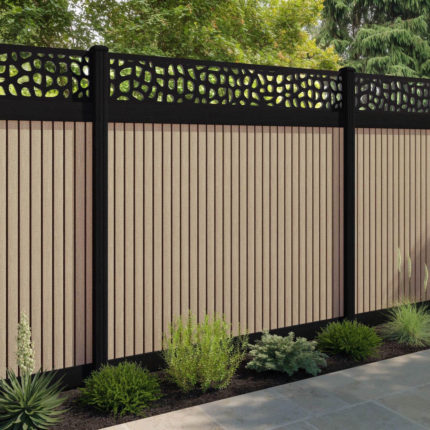 Virtis Pebble Fence Panel - Light Oak - with our composite posts