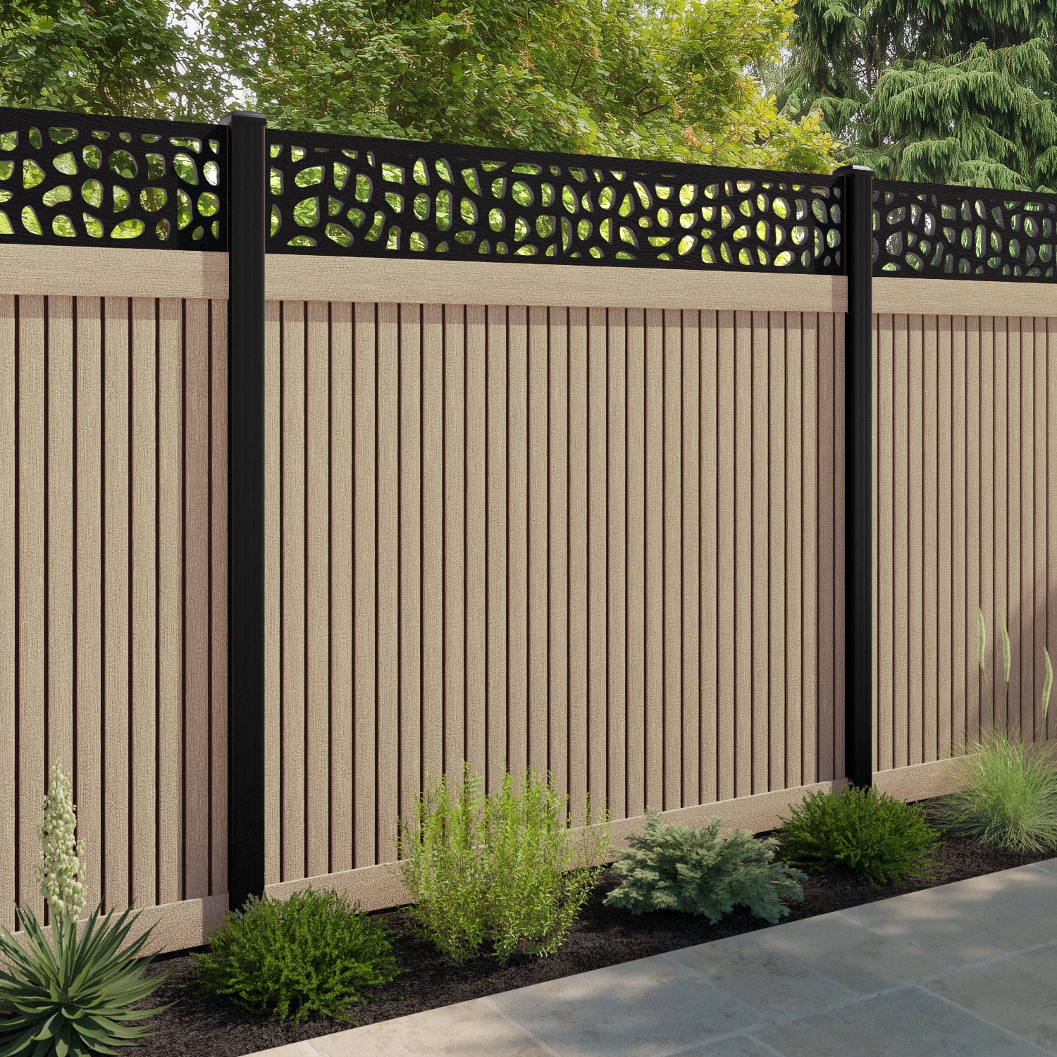 Virtis Pebble Fence Panel - Light Oak - with our aluminium posts