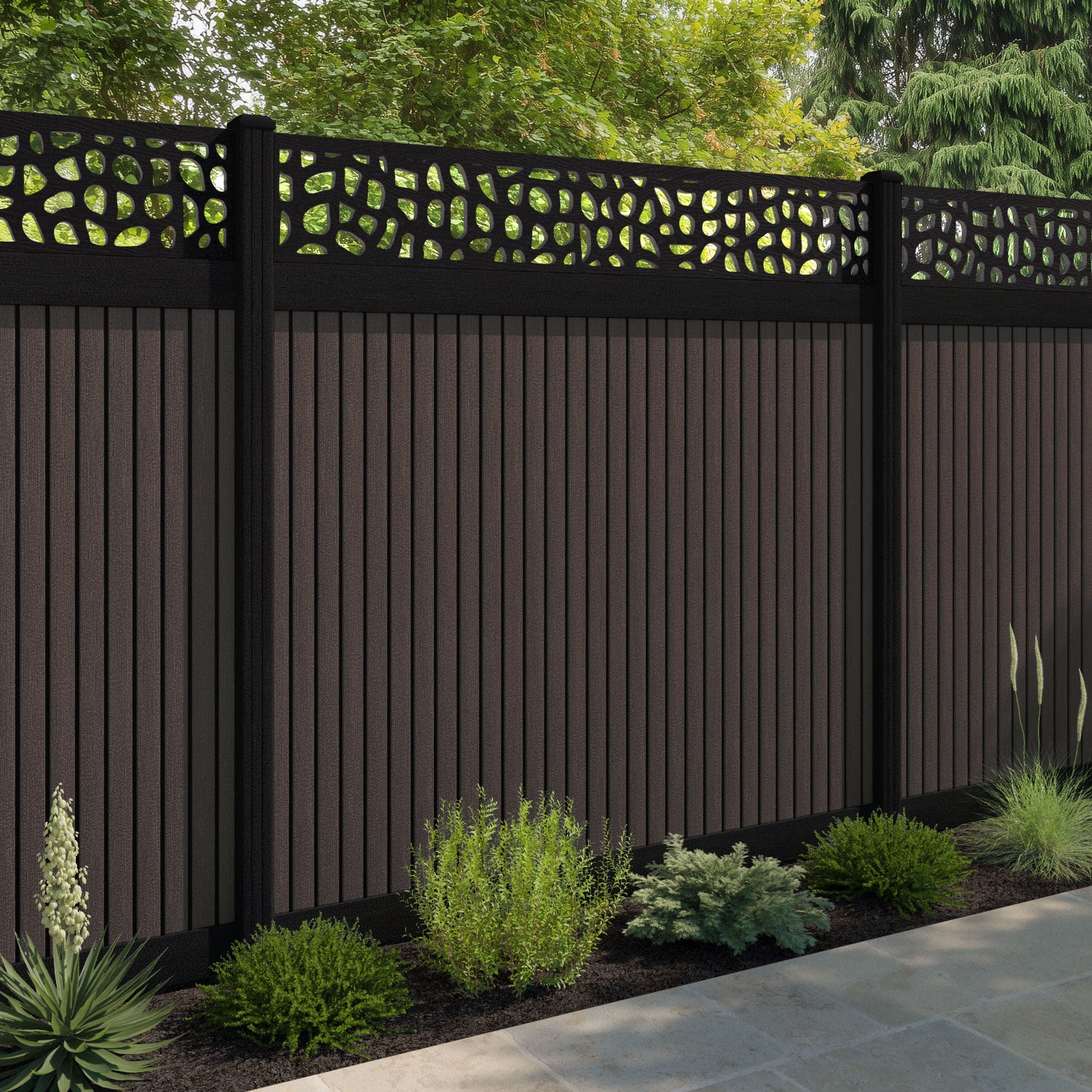 Virtis Pebble Fence Panel - Mid Brown - with our aluminium posts