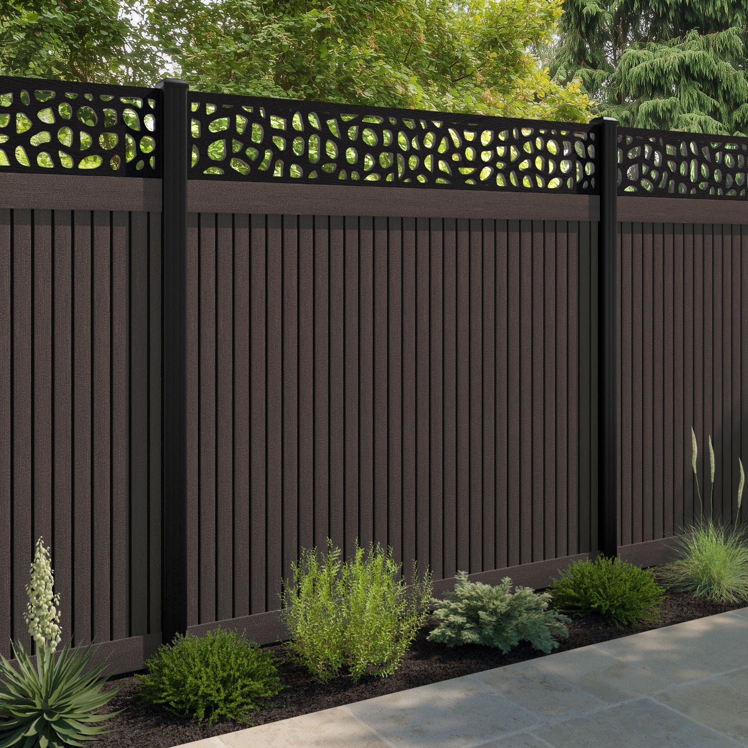 Virtis Pebble Fence Panel - Mid Brown - with our aluminium posts