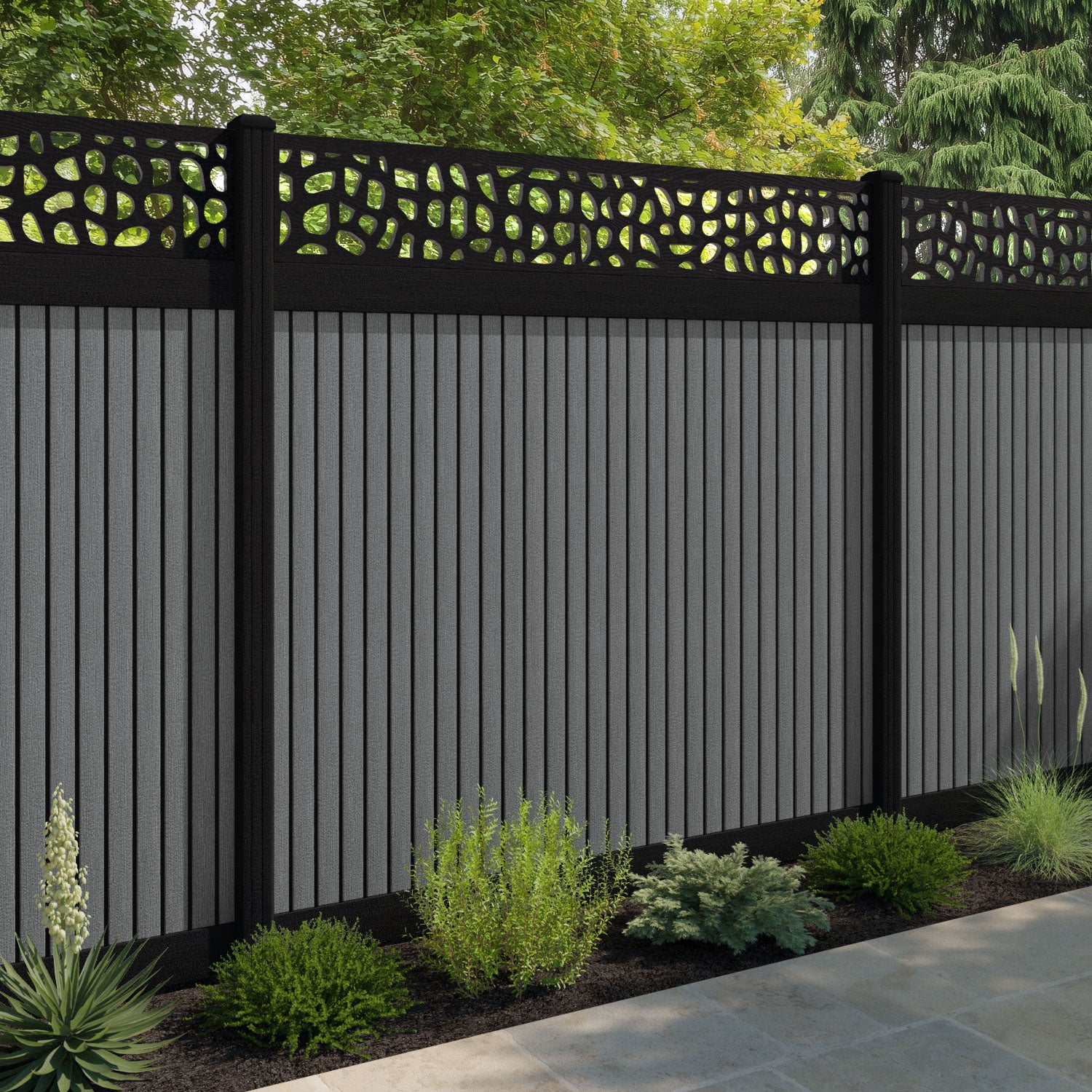 Virtis Pebble Fence Panel - Mid Grey - with our aluminium posts