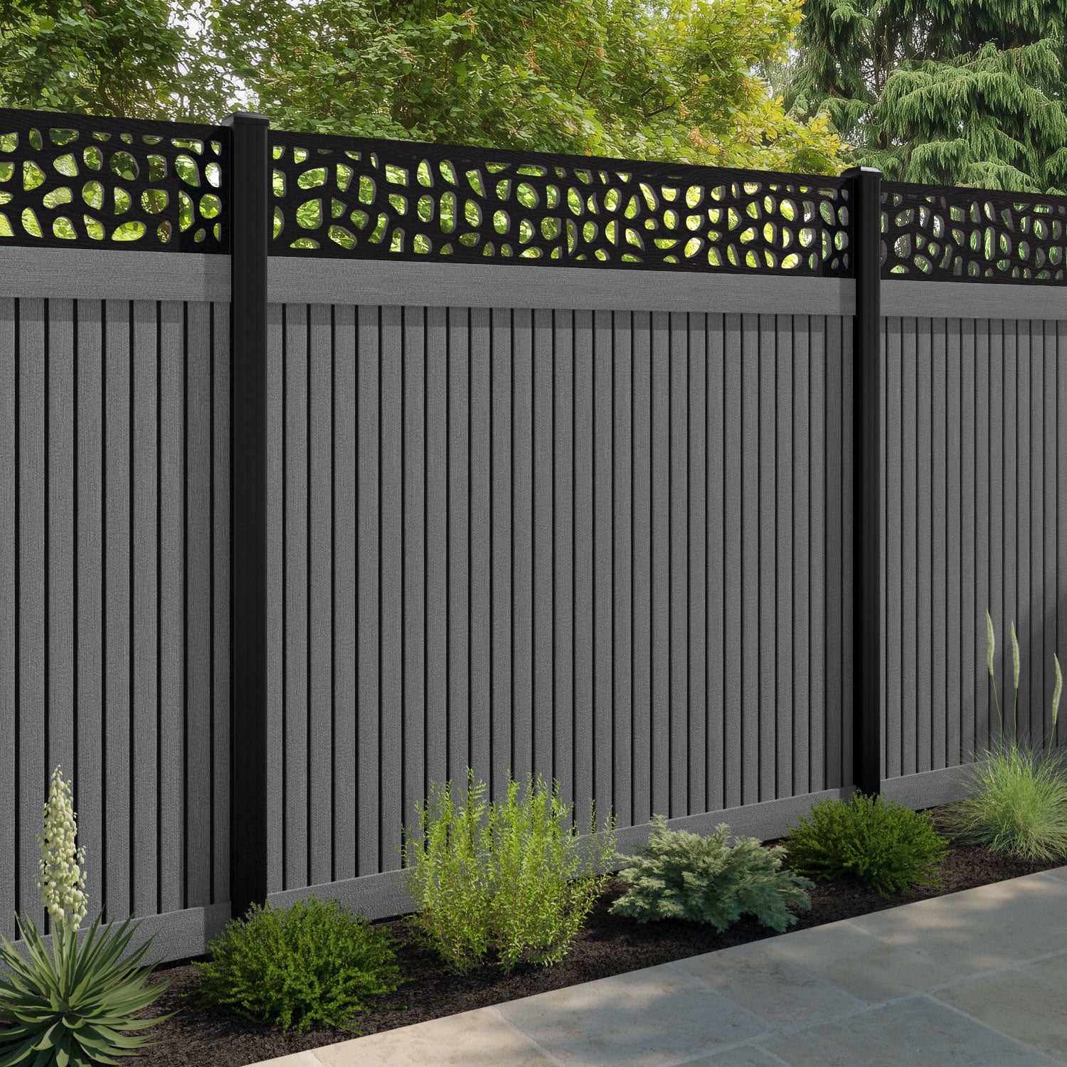 Virtis Pebble Fence Panel - Mid Grey - with our aluminium posts