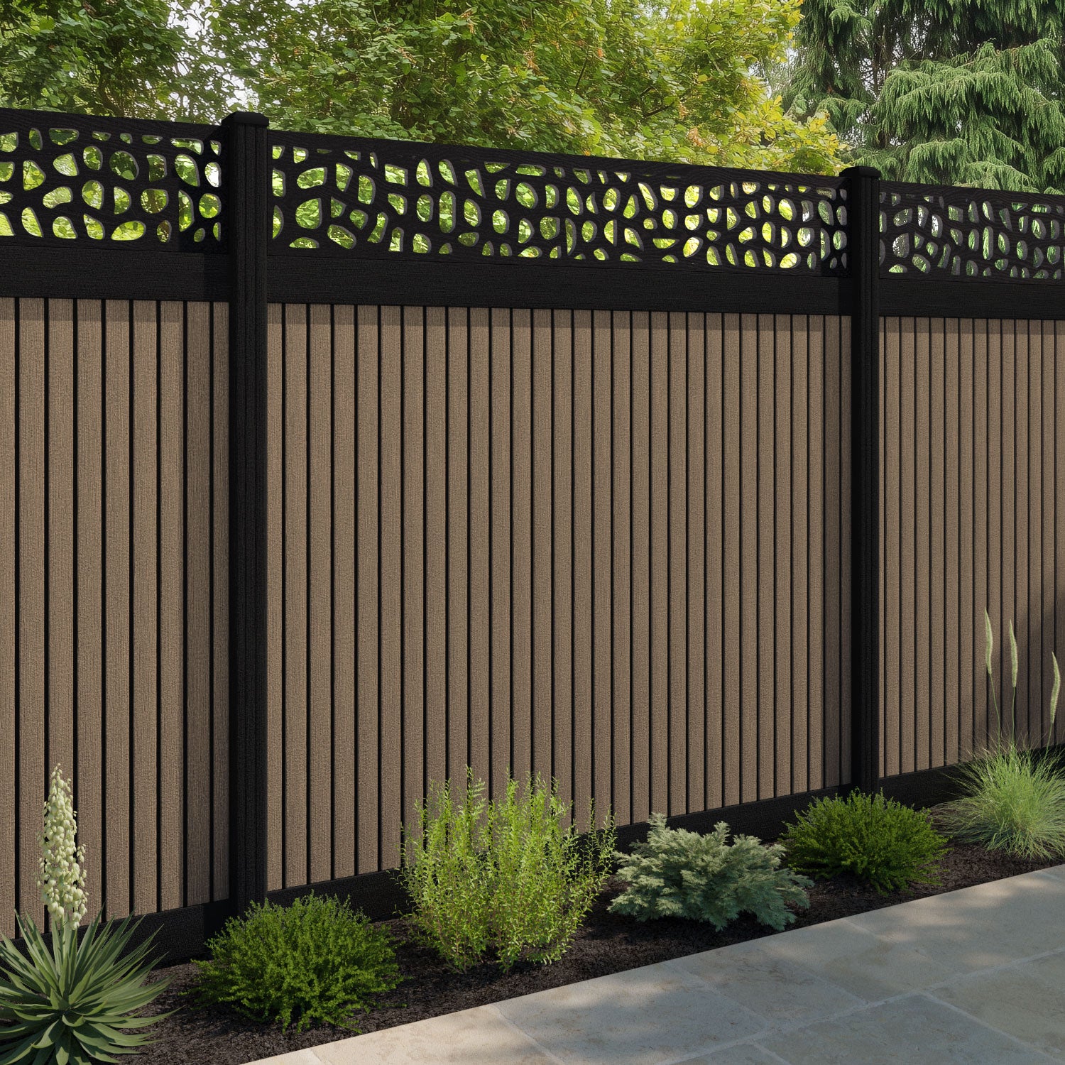 Virtis Pebble Fence Panel - Teak - with our composite posts