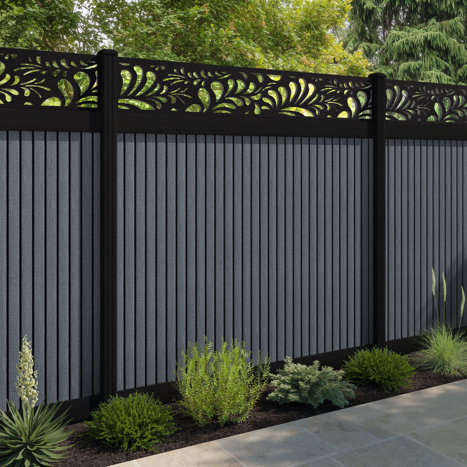 Virtis Petal Fence Panel - Anthracite - with our aluminium posts