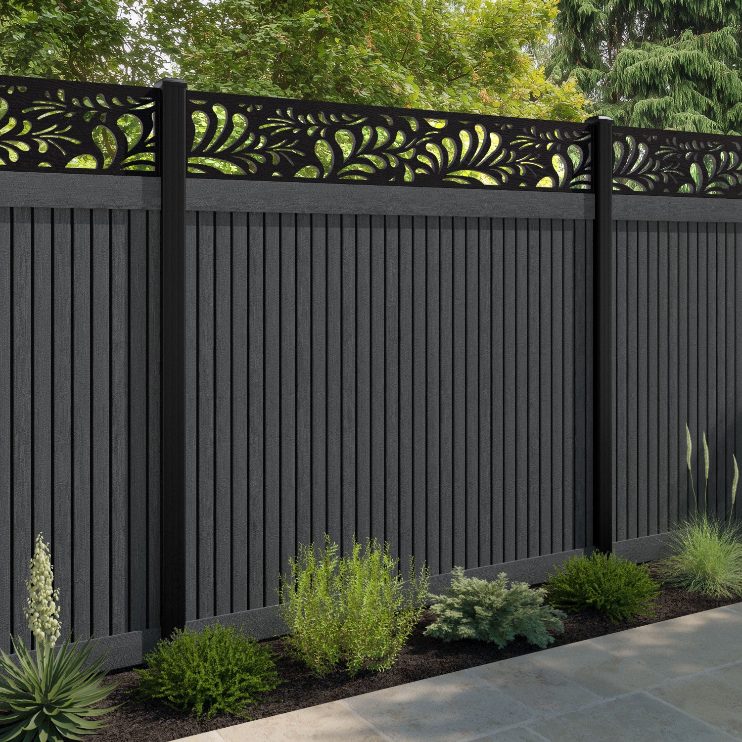 Virtis Petal Fence Panel - Dark Grey - with our composite posts