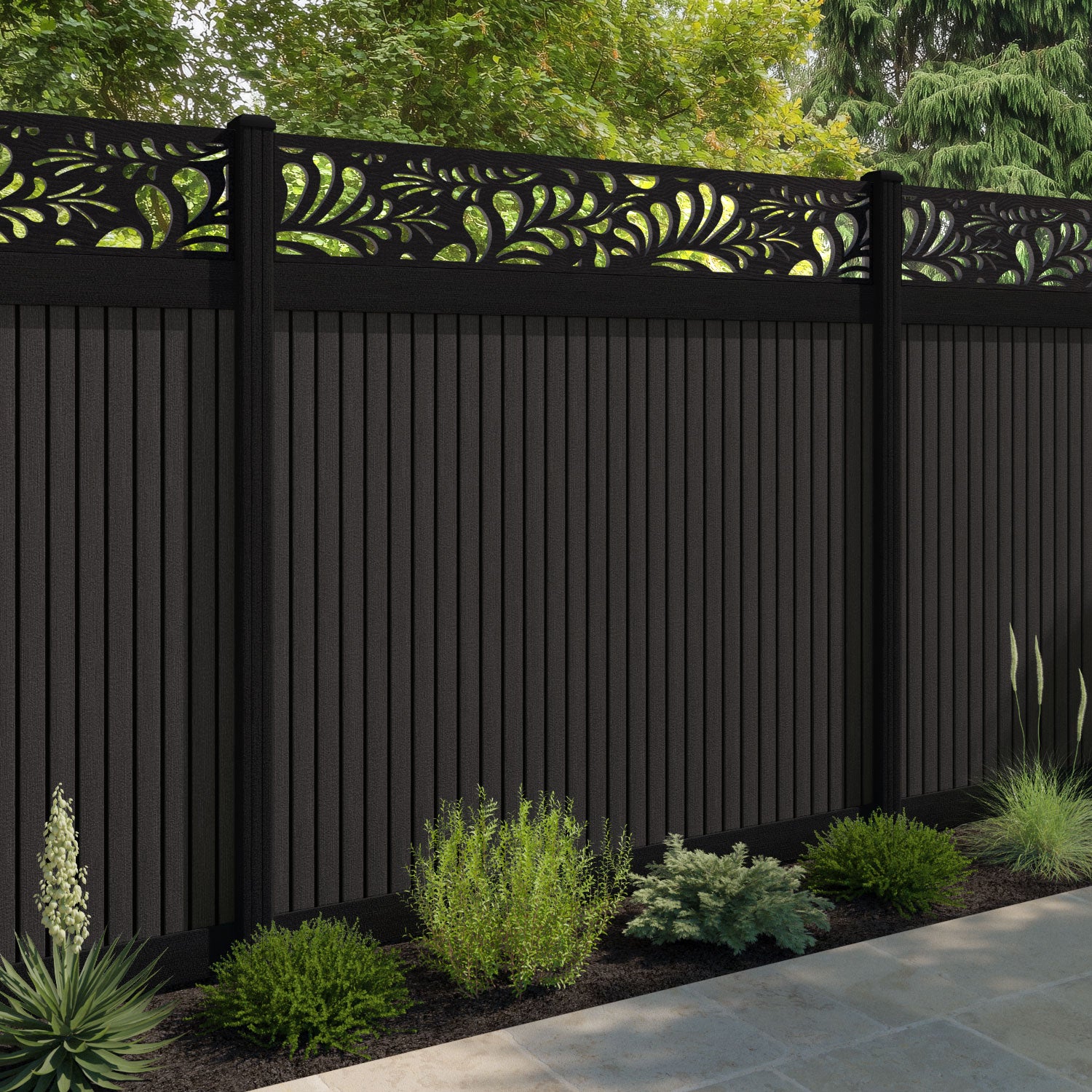 Virtis Petal Fence Panel - Dark Oak - with our composite posts